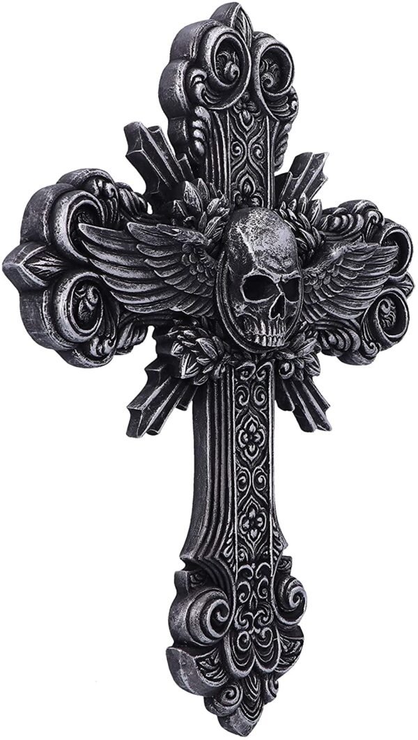 Artist Collections~ Spiral Dead Mans Hand Cross Skull and Wings Wall Plaque, Silver, 32.5cm