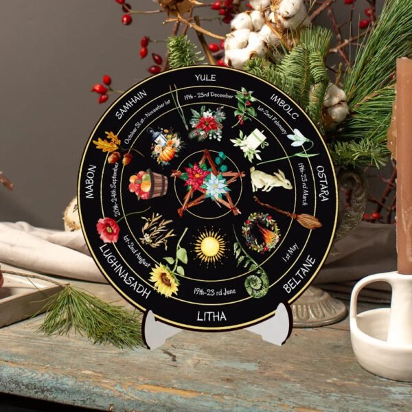 10inch Wooden Wheel of The Year Calendar Witch Wicca Calendar Tabletop Ornament with Bracket Room Home Decoration