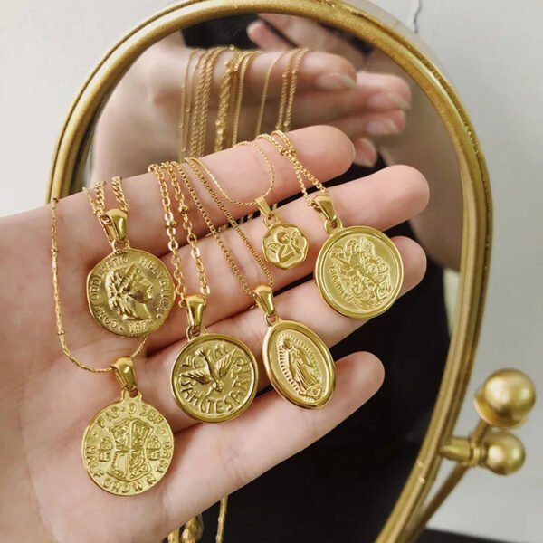 18K Gold Portrait Coin Cross Peach Heart Angel Charms Vintage Pendant b