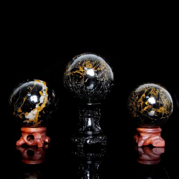 Natural Crystal Yellow Patterned Black Tourmaline Sphere Transparent Quartz Spiritual Healing