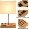 Desk Lamp with 3 USB Charging Ports, Table Lamp with 2AC Outlets and 3 Phone Stands, Nightstand Bedside Lamp with Natural Wooden Base and Cream Linen Shade