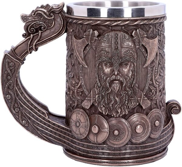 Mythology Collection~ B4810P9 Bronze Drakkar Viking Tankard 15cm, Resin w. Stainless Steel