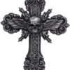 Artist Collections~ Spiral Dead Mans Hand Cross Skull and Wings Wall Plaque, Silver, 32.5cm