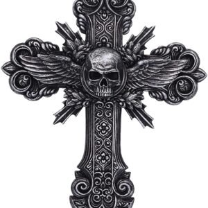 Artist Collections~ Spiral Dead Mans Hand Cross Skull and Wings Wall Plaque, Silver, 32.5cm