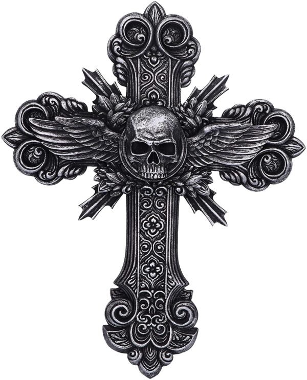 Artist Collections~ Spiral Dead Mans Hand Cross Skull and Wings Wall Plaque, Silver, 32.5cm