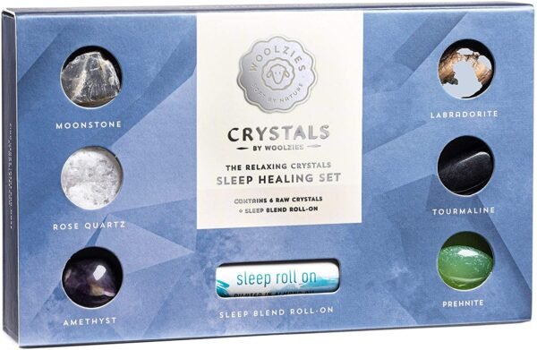 Home Decor~Crystals by Woolzies | The Relaxing Crystals Sleep Healing Set | 6 Raw Crystals + Sleep Blend Roll-on Incl. Moonstone, Rose Quartz, Amethyst, Labradorite, Tourmaline & Prehnite Crystals