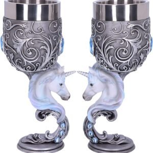 Magicun N.Giftware~Enchanted Twin Unicorn Heart Set of Two Goblets, 18.5cm, Silver