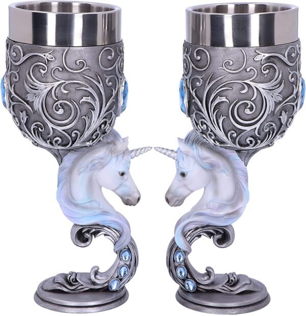 Magicun N.Giftware~Enchanted Twin Unicorn Heart Set of Two Goblets, 18.5cm, Silver