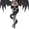 Artist Collections~ Spiral Draco Skull Dragon and Dagger Wall Plaque, Silver, 36.5cm
