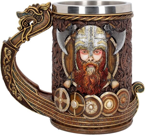 Mythology Collection~ B4810P9 Bronze Drakkar Viking Tankard 15cm, Resin w. Stainless Steel