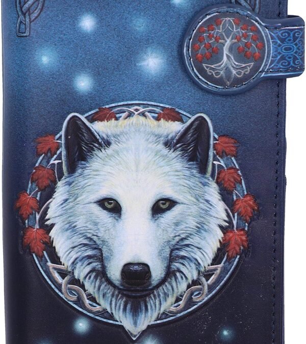 Artist Collections~ Lisa Parker Guardian of The Fall White Autumn Wolf Embossed Purse, Blue, 18.5cm