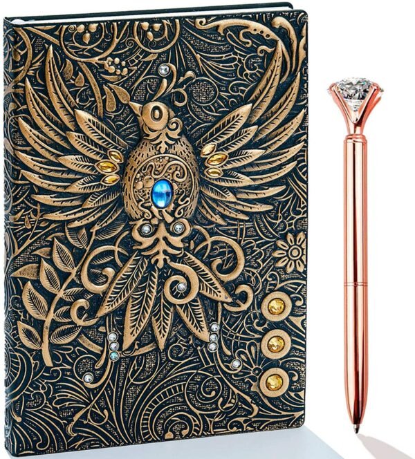 Witchcraft~Embossed Leather Journal Writing Notebook - Antique Handmade Leather Daily Notepad Sketchbook, Travel Diary & Notebooks to Write in, Phoenix Gift For Men & Women, with Golden Classic Pen, (Bronze)