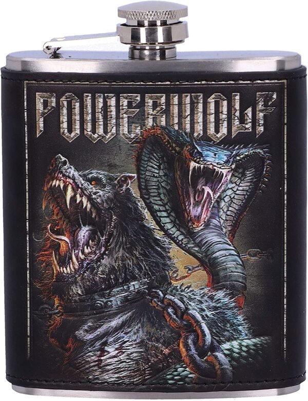 Band Merchandise~ Officially Licensed Powerwolf Kiss of The Cobra King Embossed Hip Flask, Black, 7oz
