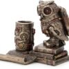 Magic  Collection~5 Inch Steampunk Owl Cell Phone Stand Pen Holder Antique Bronze Finish Statue