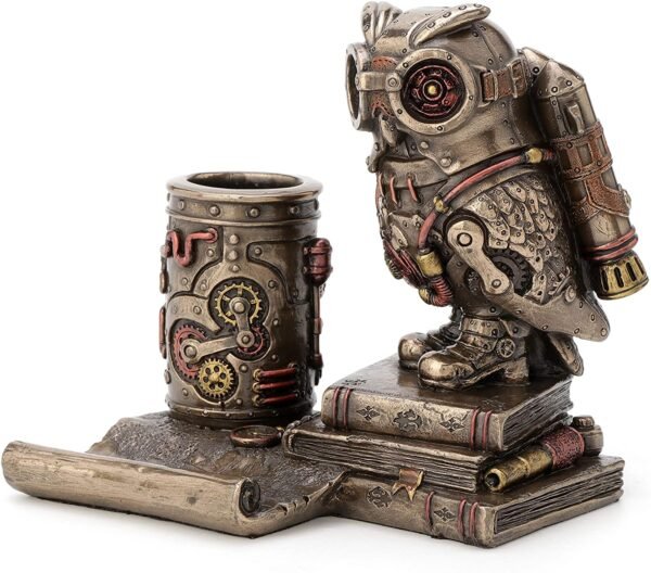 Magic  Collection~5 Inch Steampunk Owl Cell Phone Stand Pen Holder Antique Bronze Finish Statue