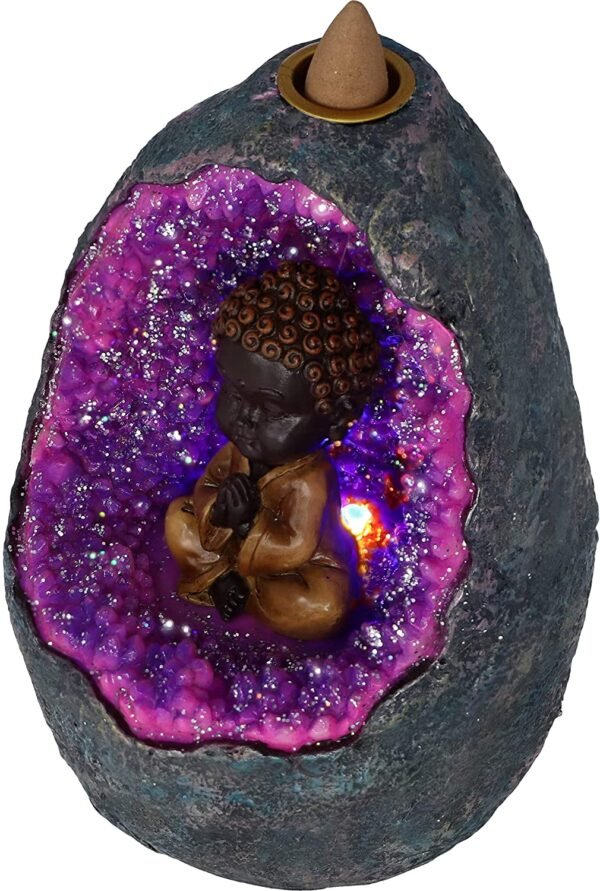 Light Collection~Zen Geode Baby Buddha Crystal Backflow Incense Burner, Purple, 14.5cm