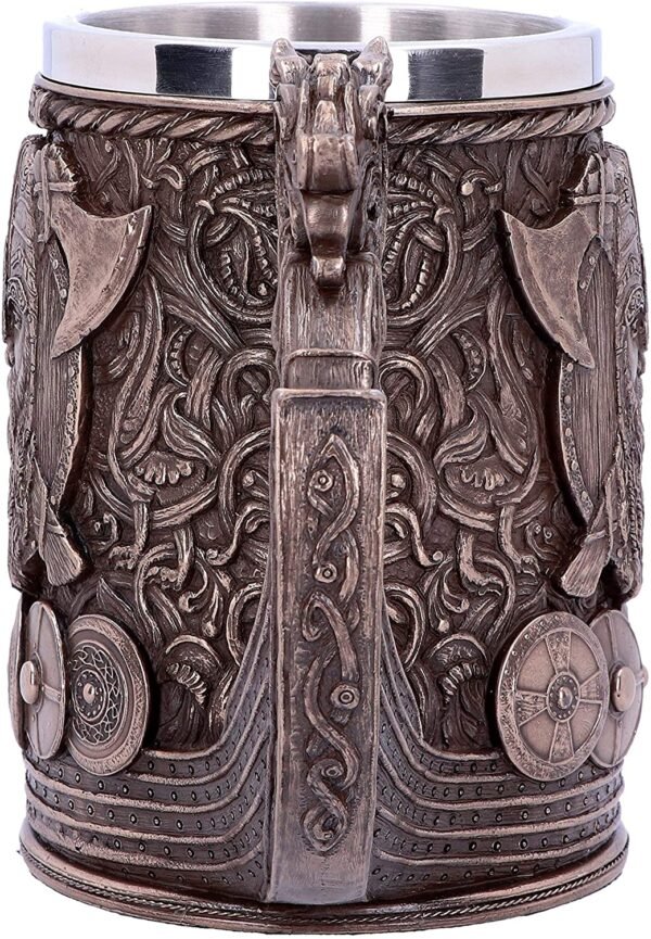 Mythology Collection~ B4810P9 Bronze Drakkar Viking Tankard 15cm, Resin w. Stainless Steel
