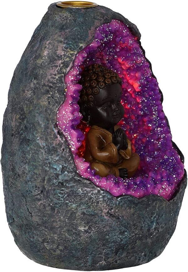 Light Collection~Zen Geode Baby Buddha Crystal Backflow Incense Burner, Purple, 14.5cm