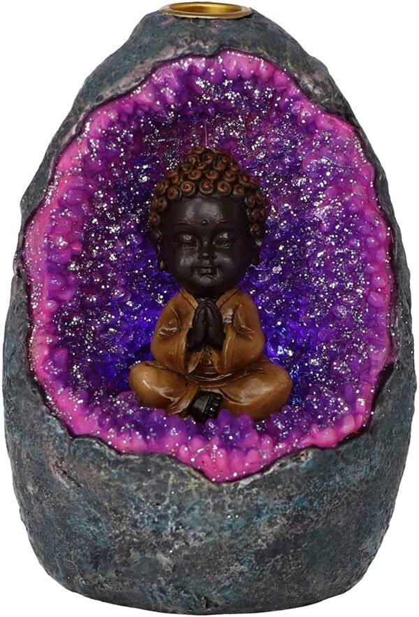 Magicun N.Giftware~Zen Geode Baby Buddha Crystal Backflow Incense Burner, 14.5cm, Purple