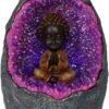 Light Collection~Zen Geode Baby Buddha Crystal Backflow Incense Burner, Purple, 14.5cm