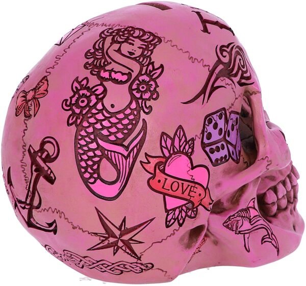 Magicun N.Giftware~Pink Traditional Tribal Tattoo Fund Skull Money Box, 15cm