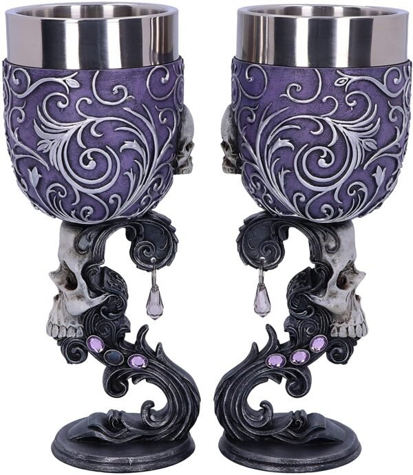 Dark Collection~B5168R0 Deaths Desire Twin Skull Heart Set of Two Goblets, Purple, 18.5cm