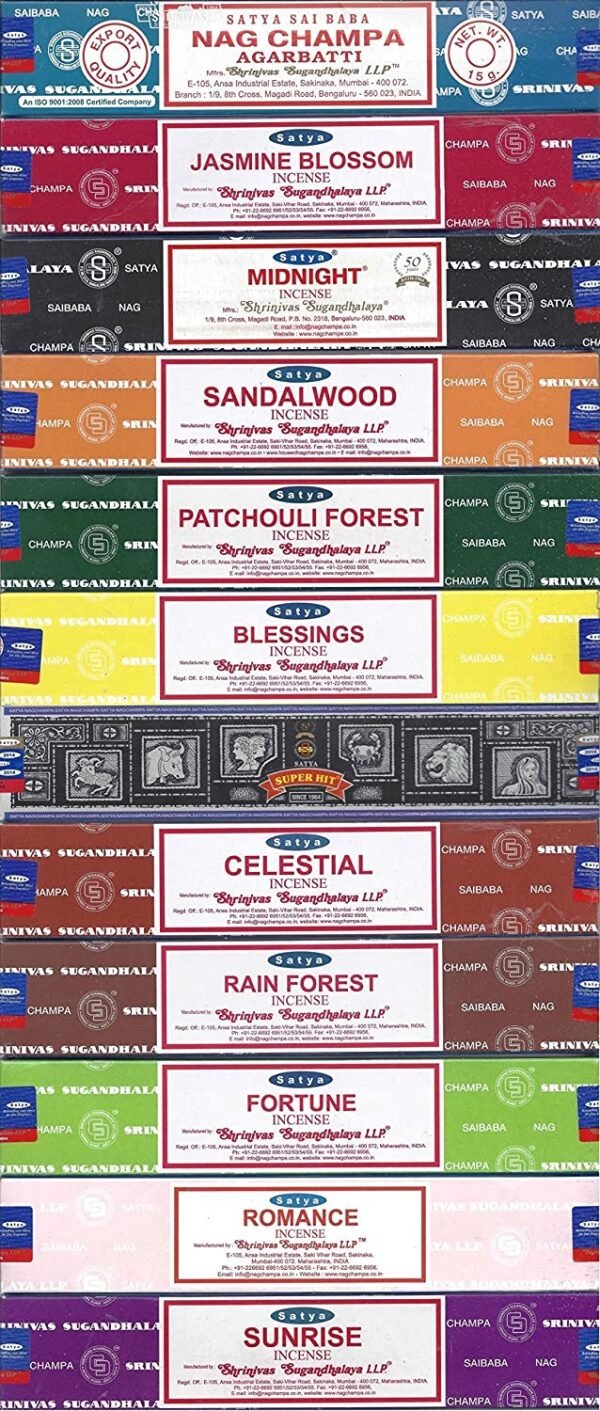 Witchcraft~Nag Champa Sunrise Sandalwood Midnight Patchouli Celestial Fortune Blessings Romance Super Hit Jasmine Blossom Rain forest by Satya Gift Set
