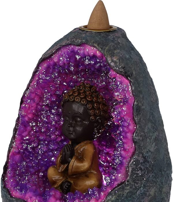Magicun N.Giftware~Zen Geode Baby Buddha Crystal Backflow Incense Burner, 14.5cm, Purple