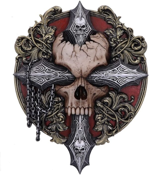 Artist Collections~ Spiral Darkness Cross Baroque Skull and Chains Wall Plaque, Red, 32cm