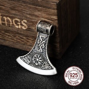 925 Sterling Silver Viking Vegvisir Rune And Celtic Knot Ax Necklace With Keel Necklace And Leather Chain And Wood Box As Gift - Necklaces
