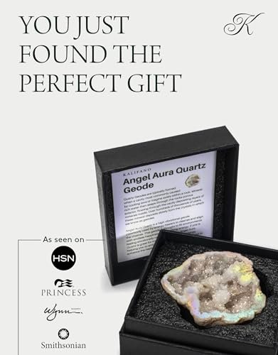 KALIFANO Angel Aura Quartz Geode - Titanium Bonded High Energy Crystal Cuarzo Cluster/Druzy with Information Card - Natural Reiki Rock Used for Clarity and Purpose (Family Owned and Operated)