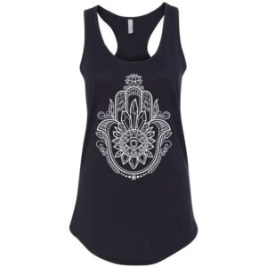 Ladies' Racerback Tank Top with Hamsa Design - Enhanced with Obsidian, Tiger's Eye, and Amethyst Crystals