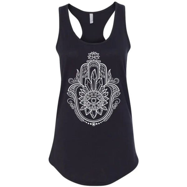 Ladies' Racerback Tank Top with Hamsa Design - Enhanced with Obsidian, Tiger's Eye, and Amethyst Crystals