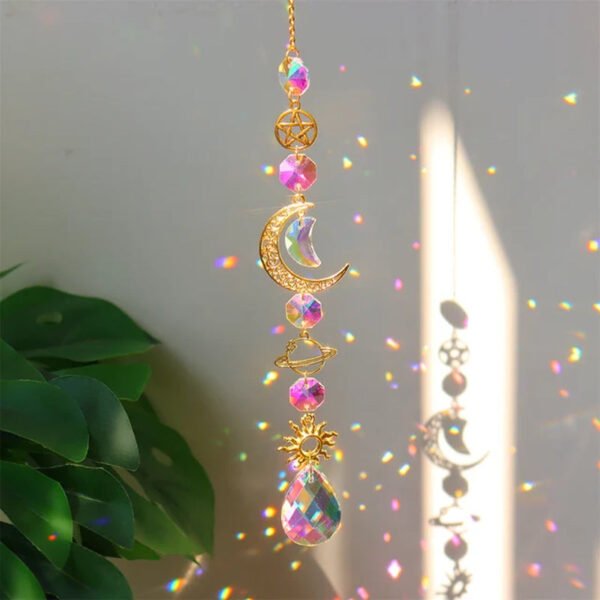 Elegant Suncatcher Crystal Wind Chime with Star, Moon, and Diamond Design - Hanging Prisms for Rainbow Light Effects - Decorative Pendant for Home and Garden