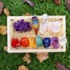 Healing Crystals Kit in Wooden Box - 7 Chakra Set Tumbled Stones, Rose Quartz, Amethyst Cluster, Crystal Points, Chakra Pendulum