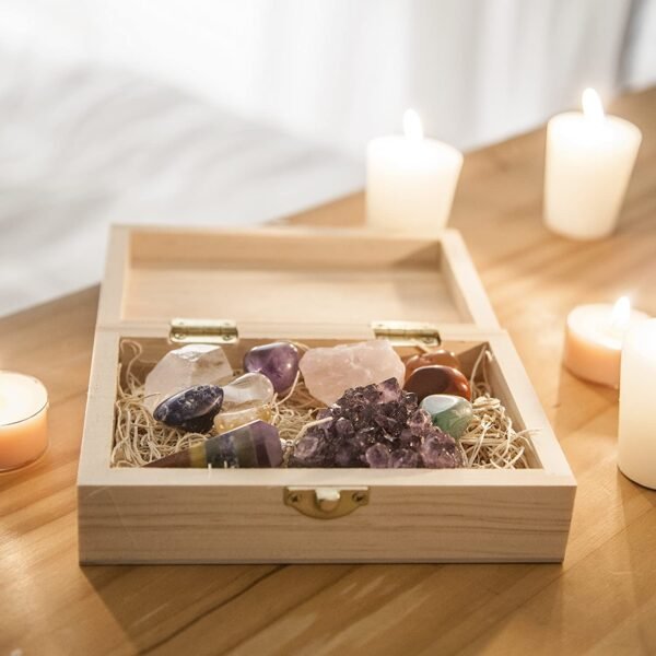 Healing Crystals Kit in Wooden Box - 7 Chakra Set Tumbled Stones, Rose Quartz, Amethyst Cluster, Crystal Points, Chakra Pendulum