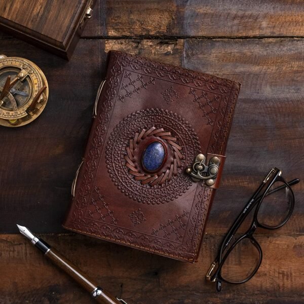 Witchcraft~Vintage Leather Journal with Semi Precious Stone - Lock Closure, 240 pages Antique Deckle Edge Paper - Book of Shadows, Grimoire Journal, Witch Journal for Men and Women - 9" x 6"