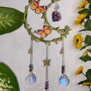 AMETHYST BUTTERFLY MOON SUNCATCHER Modern Purple Crystal Clear Prism