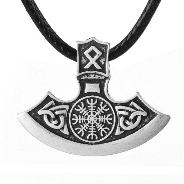 New Magicun Viking~Aegishjalmur Vegvisir Axe Pendant Necklace Ethnic Axe Rune Pendant Necklace Double Side Viking