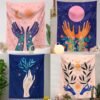Aesthetic Hand Tapestry Wall Hanging Flower Leaf Plant Moon Abstract Art Tapestries for Bedroom Home Decor