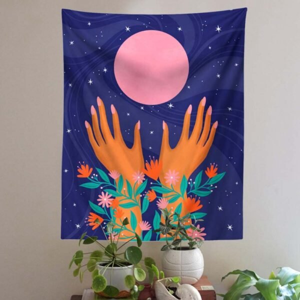 Aesthetic Hand Tapestry Wall Hanging Flower Leaf Plant Moon Abstract Art Tapestries for Bedroom Home Decor