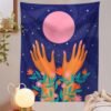 Aesthetic Hand Tapestry Wall Hanging Flower Leaf Plant Moon Abstract Art Tapestries for Bedroom Home Decor
