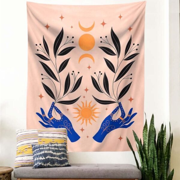 Aesthetic Hand Tapestry Wall Hanging Flower Leaf Plant Moon Abstract Art Tapestries for Bedroom Home Decor