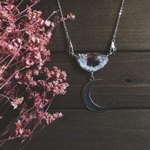Agate Moon Necklace - moon, natural raw agate slice, geode druzy, hand necklace, witchy jewelry, mystical occult divination
