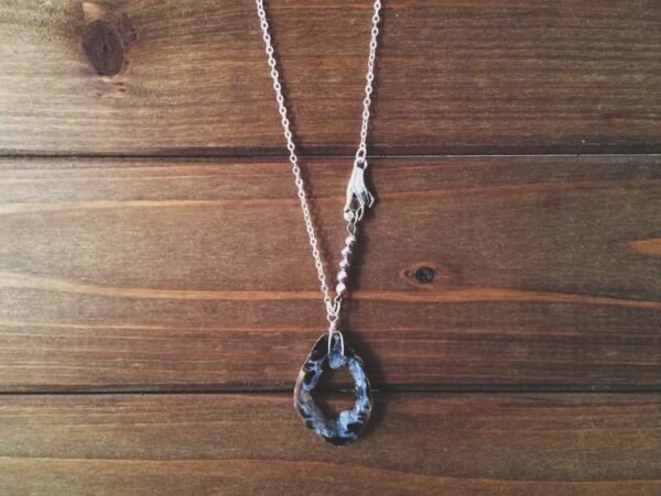 Agate Slice Necklace - natural crystal druzy geode, hand charm, wire wrapped, silver bead chain, earthy mystical witchy magic