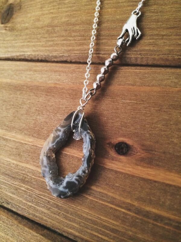 Agate Slice Necklace - natural crystal druzy geode, hand charm, wire wrapped, silver bead chain, earthy mystical witchy magic
