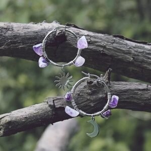 Amethyst Sun & Moon Hoops,stainless Steel,Celestial Earrings, Earrings for Women, Handmade Jewelry,Gift for Her