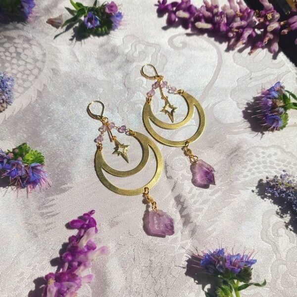 Amythest Moon Earrings | Dangle Earrings | Celestial Earrings | Sun Catcher Earrings | Beaded Earrings