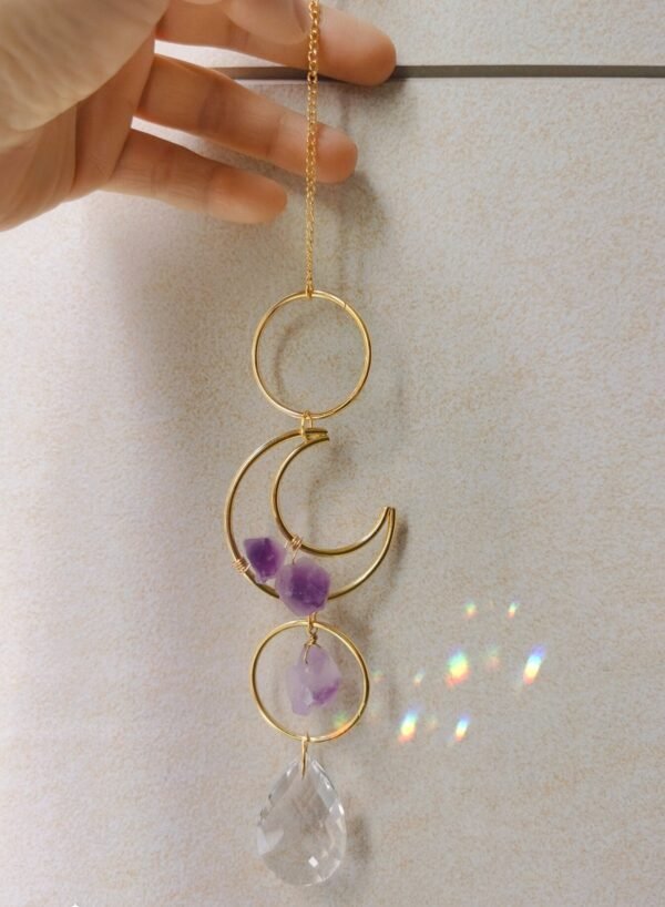 Amythest with small Moon Sun Suncatcher | Lunar Suncatcher |wall Hanging | Boho Decor