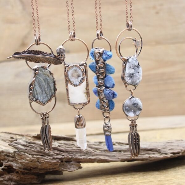 Antique Copper Soldered Dangling Tassel Pendants Raw Kyanite Quartz Geode Druzy Vintage Buddha Necklaces Man Boho Jewelry,QC3221